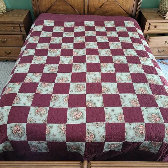 Vintage Amish Handmade Quilt Queen 100x98 Checkerboard Hearts Floral Burgundy PA - Picture 2 of 11